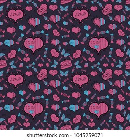 Vector illustration. Valentine's Day seamless with violet, pink and black hearts on background.