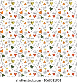 Vector illustration. Vector Valentines day seamless pattern with small and big hearts, flower, I love you text in orange, black and white colors. Seamless design backdrop for wedding invitation cards.