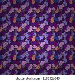 Vector illustration. Valentine':s day. Seamless love pattern. Sketch heart elements on purple, violet and black colors. Love repeated backdrop for girl, textile, clothes. Wrapping paper.