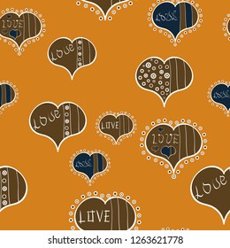 Vector illustration. Valentine':s Day seamless with orange, brown and white hearts on background.