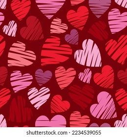 Vector illustration for Valentine's Day. Seamless romantic pattern with hand-drawn pink, red, lilac hearts on a burgundy background
