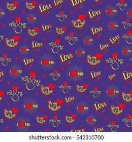 Vector illustration of valentines day seamless pattern with lettering typography text sign, quote, hearts, arrows, dots. Romantic template for wrapping, textile