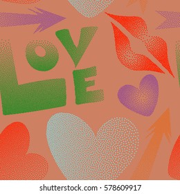 Vector illustration. Valentine's day seamless pattern with kiss, love word and hearts in motley colors. Abstract design in orange, red and purple colors.