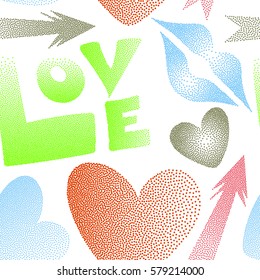 Vector illustration. Valentine's day seamless pattern with kiss, love word and hearts on a white background. Abstract design in green, pink and orange colors.