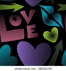 Vector illustration. Valentine's day seamless pattern with kiss, love word and hearts on a black background. Abstract design in green, violet and pink colors.