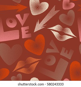 Vector illustration. Valentine's day seamless pattern with kiss, love word and hearts in motley colors. Abstract design in brown and orange colors.