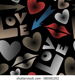 Vector illustration. Valentine's day seamless pattern with kiss, love word and hearts on a black background. Abstract design in beige and pink colors.