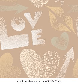 Vector illustration. Valentine's day seamless pattern with kiss, love word and hearts in motley colors. Abstract design in white and beige colors.