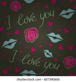 Vector illustration. Vector Valentines day seamless pattern with small and big hearts, flower, love text on green background. Seamless design backdrop for wedding invitation cards.