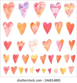 Vector illustration. Valentine's day set of watercolor hearts isolated on white background