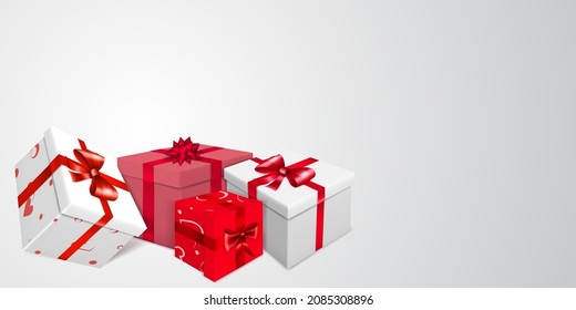 Vector illustration for Valentine's Day with several red, pink and white gift boxes with ribbons, bows and pattern of hearts, on light background