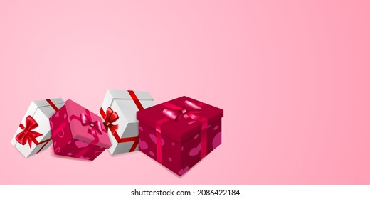 Vector illustration for Valentine's Day with several red, burgundy and white gift boxes with ribbons, bows and pattern of hearts, on pink background