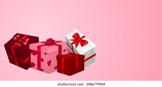 Vector illustration for Valentine's Day with several red, burgundy and white gift boxes with ribbons, bows and pattern of hearts, on pink background