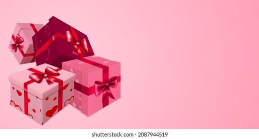 Ilustración vectorial del Día de San Valentín con varias cajas de regalo rojas, borgoñas y blancas con cintas, arcos y patrones de corazones, en fondo rosado