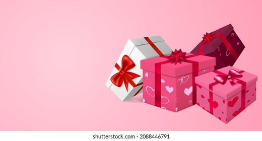 Vector illustration for Valentine's Day with several red, burgundy and white gift boxes with ribbons, bows and pattern of hearts, on pink background