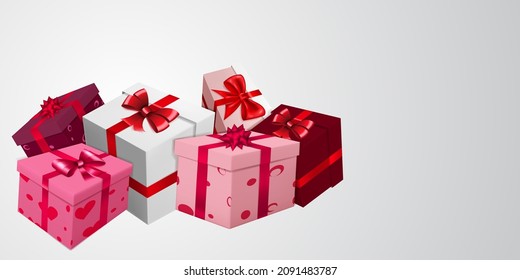 Vector illustration for Valentine's Day with several red, pink and white gift boxes with ribbons, bows and pattern of hearts, on light background