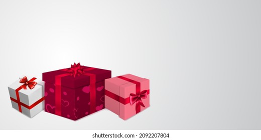 Vector illustration for Valentine's Day with several red, pink and white gift boxes with ribbons, bows and pattern of hearts, on light background