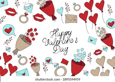 Vector illustration. Valentine's day sketch background. Hand-drawn cartoon icons, calligraphic handwritten text. Festive banner, web poster, flyer, stylish brochure, postcard, cover, background.
