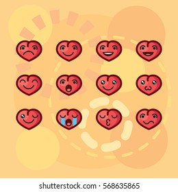 vector illustration Valentines Day in style kawaii emoticons in the form of hearts with different emotions.