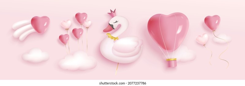 Vector illustration of Valentine's day sweet and lovely design elements. Swan, hot air balloon, heart shape balloons and clouds.