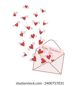 Vector illustration of Valentine's Day symbols. A letter of congratulations, many flying hearts.
