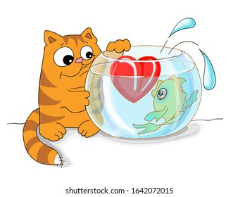 vector illustration valentines day tabby cat catehes a heart in an aquarium