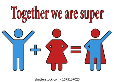 Vector illustration. Valentine's Day. Together we are super. The idea for a declaration of love. Synergy. Two lovers. The superpower of love. Stock illustration.
