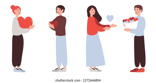 Vector illustration for Valentine's Day. Two women and men with hearts in their hands.