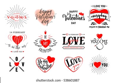 Vector illustration of valentines day typography lettering logo set. Hipster emblems, quote text design with hearts, arrow, burst. Use for banners, greeting cards, gifts, poster