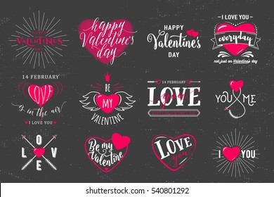 Vector illustration of valentines day typography lettering logo set. Hipster emblems, quote text design with hearts, arrow, burst. Use for banners, greeting cards, gifts, poster