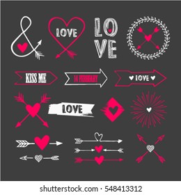 Vector illustration of valentines day typography lettering logo set. Hipster emblems, quote text design with hearts, arrow, burst. Use for banners, greeting cards, gifts, poster