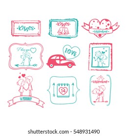 Vector illustration of valentines day typography lettering logo set. Hipster emblems, quote text design with hearts, arrow, burst. Use for banners, greeting cards, gifts, poster