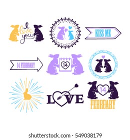 Vector illustration of valentines day typography lettering logo set. Hipster emblems, quote text design with hearts, arrow, burst. Use for banners, greeting cards, gifts, poster