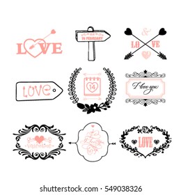 Vector illustration of valentines day typography lettering logo set. Hipster emblems, quote text design with hearts, arrow, burst. Use for banners, greeting cards, gifts, poster