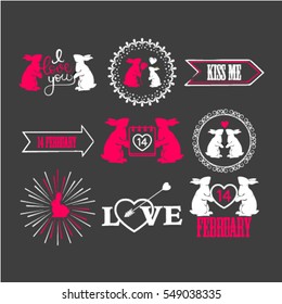 Vector illustration of valentines day typography lettering logo set. Hipster emblems, quote text design with hearts, arrow, burst. Use for banners, greeting cards, gifts, poster