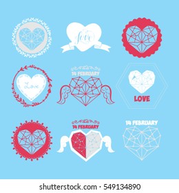 Vector illustration of valentines day typography lettering logo set. Hipster emblems, quote text design with hearts, arrow, burst. Use for banners, greeting cards, gifts, poster