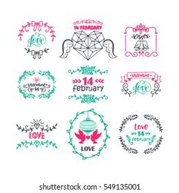 Vector illustration of valentines day typography lettering logo set. Hipster emblems, quote text design with hearts, arrow, burst. Use for banners, greeting cards, gifts, poster
