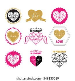 Vector illustration of valentines day typography lettering logo set. Hipster emblems, quote text design with hearts, arrow, burst. Use for banners, greeting cards, gifts, poster