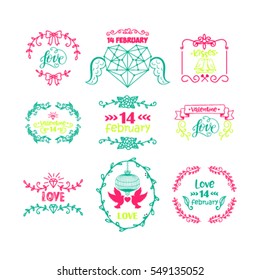 Vector illustration of valentines day typography lettering logo set. Hipster emblems, quote text design with hearts, arrow, burst. Use for banners, greeting cards, gifts, poster