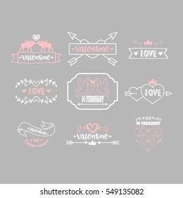 Vector illustration of valentines day typography lettering logo set. Hipster emblems, quote text design with hearts, arrow, burst. Use for banners, greeting cards, gifts, poster