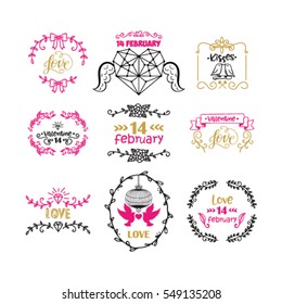 Vector illustration of valentines day typography lettering logo set. Hipster emblems, quote text design with hearts, arrow, burst. Use for banners, greeting cards, gifts, poster