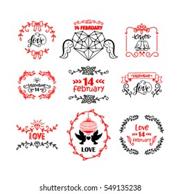 Vector illustration of valentines day typography lettering logo set. Hipster emblems, quote text design with hearts, arrow, burst. Use for banners, greeting cards, gifts, poster