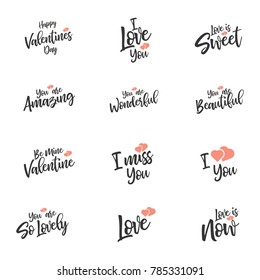 	
Vector illustration of valentines day typography lettering logo set. Quote text design with hearts. Use for banners, greeting cards, gifts, poster or website