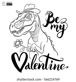 vector illustration for Valentine's Day with a tyrannosaur and calligraphic signature. This can be used for coloring books, greeting cards, posters, t-shirts, etc.