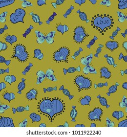 Vector illustration. Valentines Day. Yellow, blue and green seamless heart pattern. Pattern for wrapping. Repeating texture. Typography lettering poster.