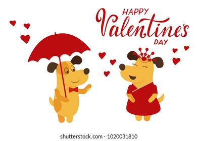 Vector illustration for Valentine's Day with yellow dogs. Happy Valentines Day romantic greeting card, typography poster. EPS 10. 