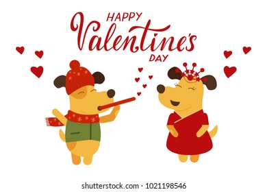 Vector illustration for Valentine's Day with yellow dogs. Happy Valentines Day romantic greeting card, typography poster. EPS 10. 