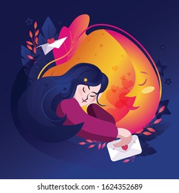 Vector illustration for valentines day. Young girl with long hair. Declaration of love. 