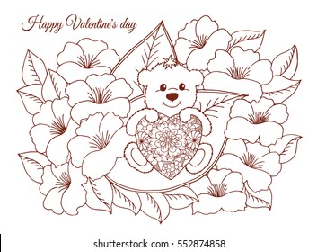 Vector illustration, valentines, enamored a teddy bear with a heart sits on a a sheet of among the flowers. The work Made in manually. Book Coloringanti-stress for adults and children.