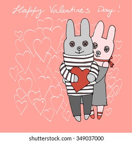 Vector illustration of Valentine`s rabbits couple with a heart in their paws. Pink and grey colors.